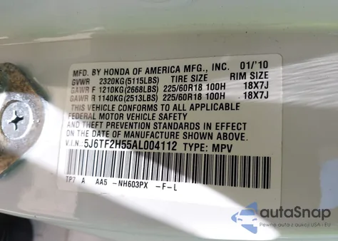 2010 Honda Accord Crosstour Ex-L from USA, damaged, VIN 5J6TF2H55AL004112